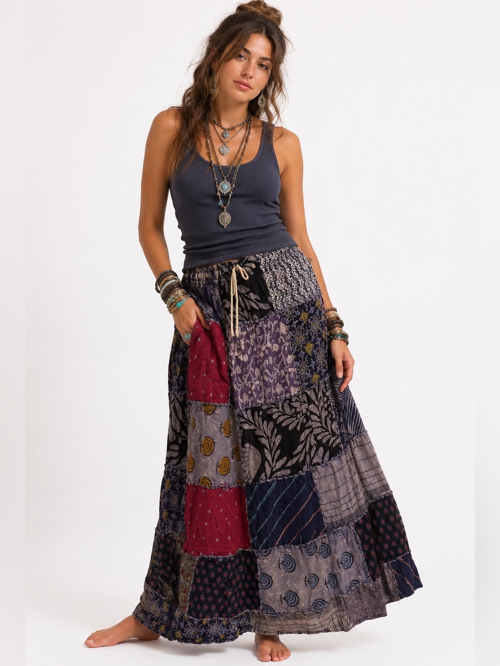 31. Bohemian Cotton Mixed Print Patchwork Maxi Skirt With Pockets Hippie